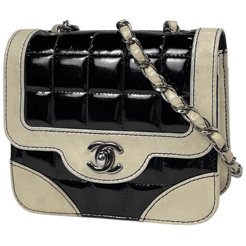 Chanel CHANEL Shoulder Bag Coco Mark Chocolate Bar Patent Leather Black Ivory...